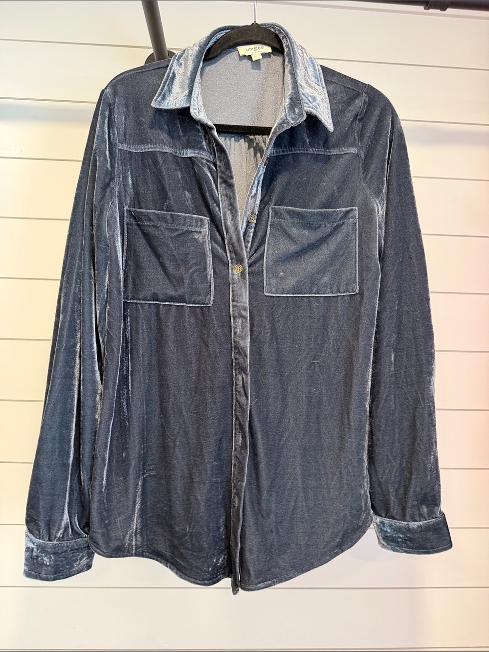 Umgee Women's Velvet Button-Down Shirt in Steel Blue